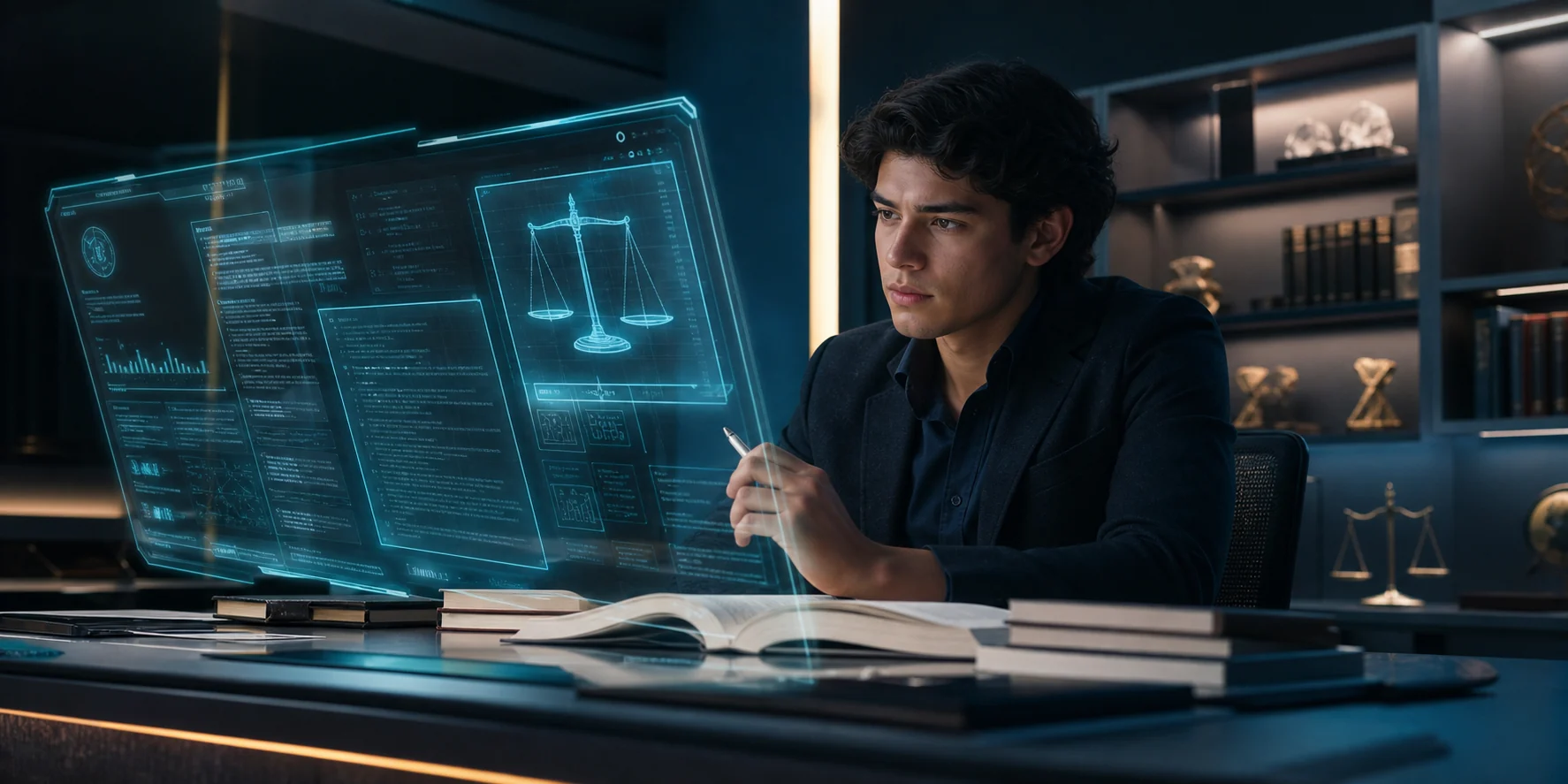 Estudiante de Derecho trabajando frente a una pantalla holográfica